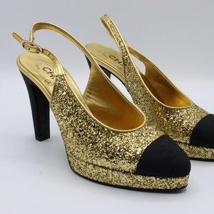 Chanel Gold Black Glitter 2021 Slingback Pumps Heels